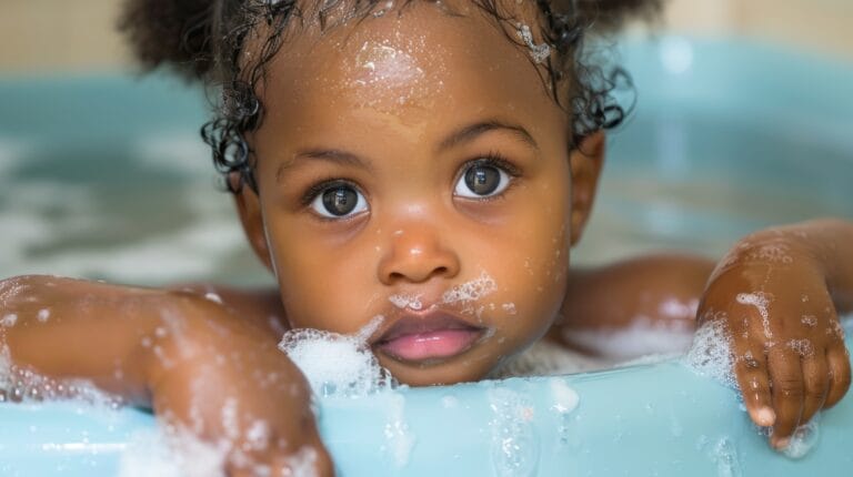 Enfant jouant dans un bain.